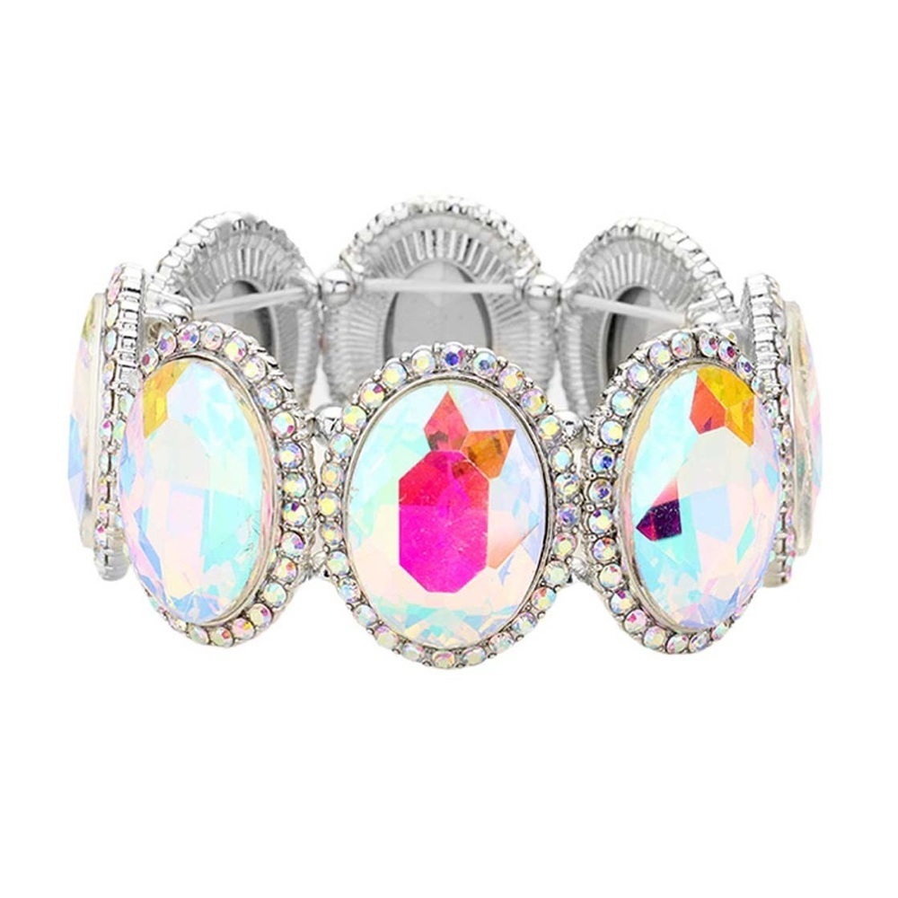 Silver oval AB stretch crystal bracelet
